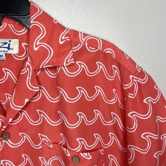 UZZI Amphibious Gear Mens Button-Up Shirt Sz M Wave Print Hawaiian Coral-Orange - Picture 3 of 7